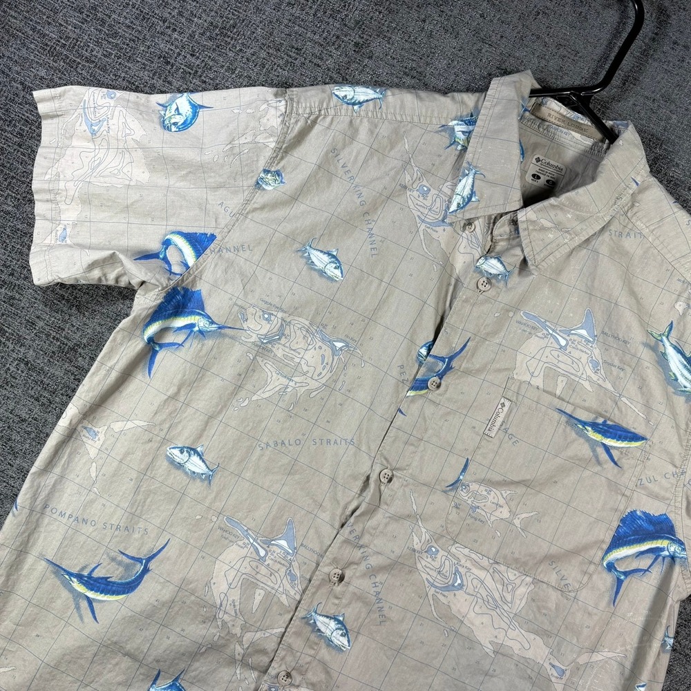 Columbia PFG River Lodge Shirt Mens L Khaki Blue Fish Map Print Cotton 109FM7262